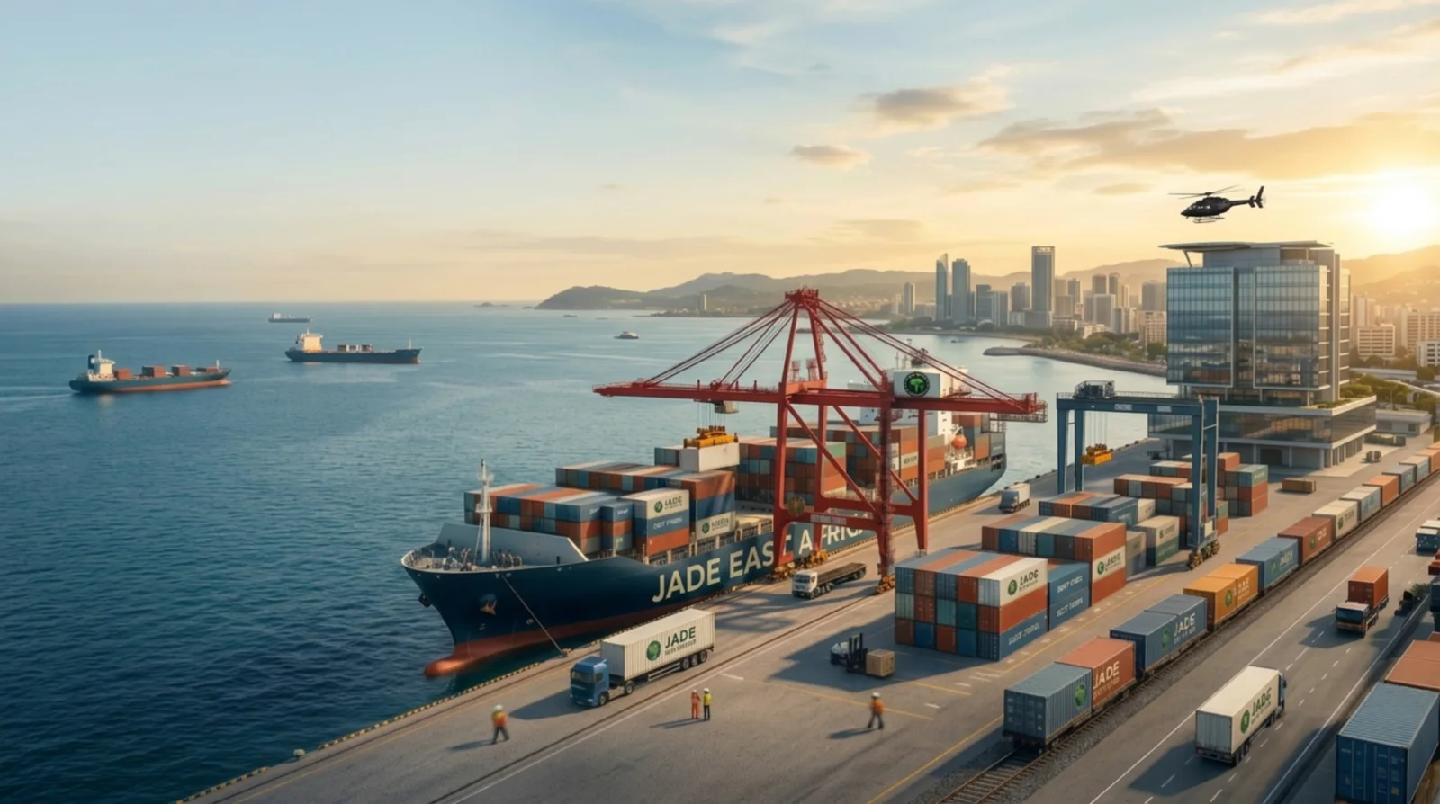Container terminal beside a coastal city